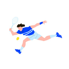 Tennis player. Tennis sportsman flat style. Guy in blue tshirt and white shorts runs behind ball. Used for flyer, banner sporting events, packing sports goods. Vector illustration isolated object.