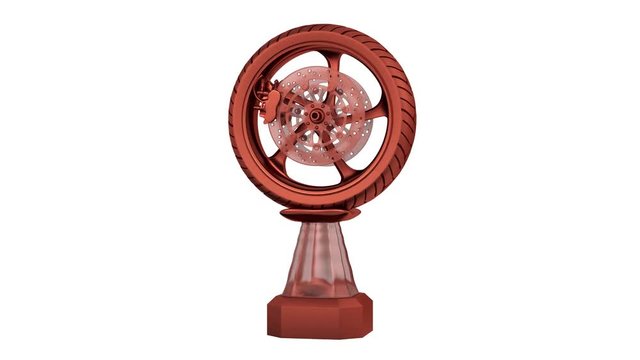 Front View of Motorbike Wheel Bronze Trophy in Infinite Rotation