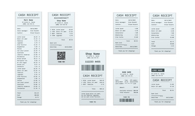 Set of receipt records, design template of bill ATM, paper financial check for mockup. . realistic payment paper bills for cash or credit card transaction.