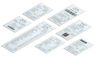 Isometric set of receipt records, design template of bill ATM, paper financial check for mockup. realistic payment paper bills for cash or credit card transaction.