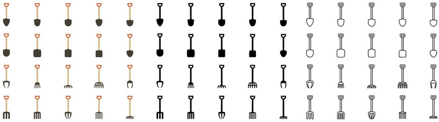 Shovels, pitchforks, rakes, vector flat icons, agricultural implement vector illustration