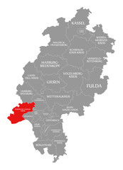 Rheingau-Taunus-Kreis county red highlighted in map of Hessen Germany