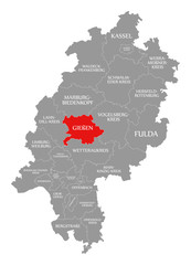 Giessen county red highlighted in map of Hessen Germany