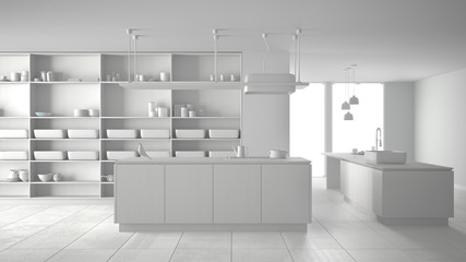 Total white project, without materials, of minimalist luxury expensive kitchen, island, sink and gas hob, open space, ceramic floor, modern interior design architecture concept idea