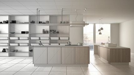 Architect interior designer concept: unfinished project that becomes real, minimalist luxury expensive white and wooden kitchen, open space, modern interior design concept idea