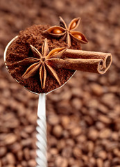 Spoon of ground coffee with anise and cinnamon on the background of coffee beans.