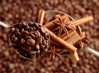 Spoons of coffee beans and anise with cinnamon.