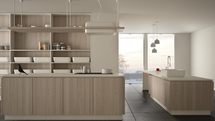 Minimalist luxury expensive white and wooden kitchen, island, sink and gas hob, open space, panoramic window, marble ceramic floor, modern interior design architecture concept idea