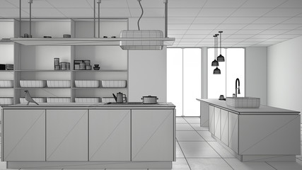 Unfinished project of minimalist luxury expensive kitchen, island, sink and gas hob, open space, ceramic floor, modern interior design architecture concept idea