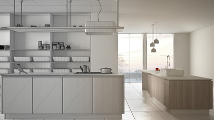Architect interior designer concept: unfinished project that becomes real, minimalist luxury expensive white and wooden kitchen, open space, modern interior design concept idea