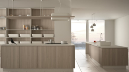 Blur background interior design, minimalist luxury expensive kitchen, island, sink and gas hob, open space, ceramic floor, modern interior design architecture concept idea
