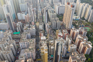 Fototapeta na wymiar Drone fly over Hong Kong city with top down view