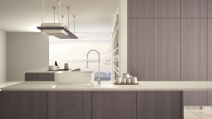 Minimalist luxury expensive white and purple wooden kitchen, island, sink and hob, open space, panoramic window, marble ceramic floor, modern interior design architecture concept idea