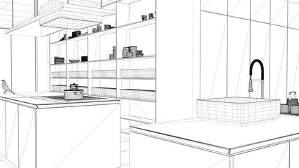 Blueprint project draft, minimalist luxury expensive white kitchen, island, sink and hob, open space, window, marble ceramic floor, modern interior design architecture concept idea