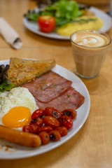 American breakfast set. Coffee. Morning time. Restaurant.