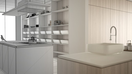 Architect interior designer concept: unfinished project that becomes real, minimalist luxury expensive white and wooden kitchen, open space, modern interior design concept idea