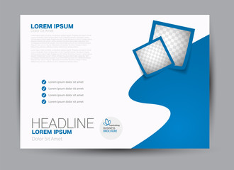 Landscape wide flyer template. Billboard banner abstract background design. Business, education, presentation, advertisement concept. Blue color. Vector illustration.