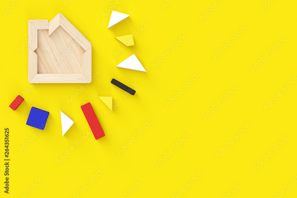 Poster house-shaped puzzle with all pieces removed. in the upper left corner of horizontal format. yellow b