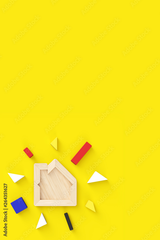 Poster house-shaped puzzle with all pieces removed. in the lower left of vertical format. yellow background
