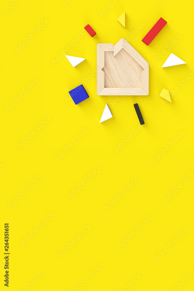 Poster house-shaped puzzle with all pieces removed. in the upper right of vertical format. yellow backgroun