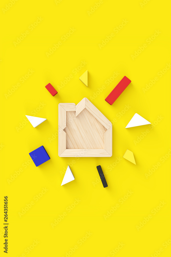 Poster house-shaped puzzle with all pieces removed. in the center of vertical format. yellow background wit