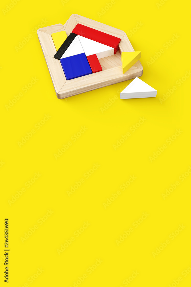 Aufkleber house-shaped puzzle placed in the upper center of vertical format. two pieces are off. yellow backgr
