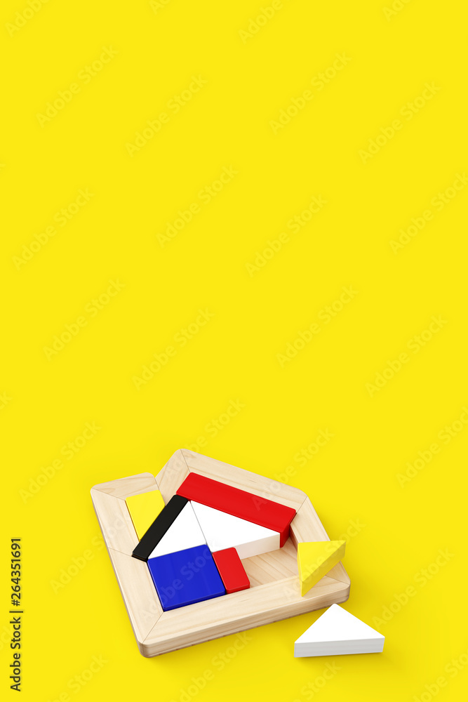 Poster house-shaped puzzle placed in the lower center of vertical format. two pieces are off. yellow backgr