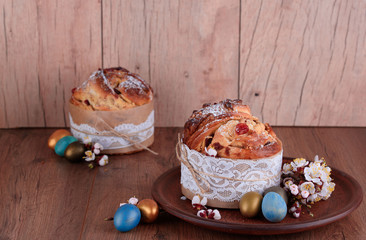 Delicious pastry baking. Easter cake with filling. Quail eggs. Flowers, table, dishes.