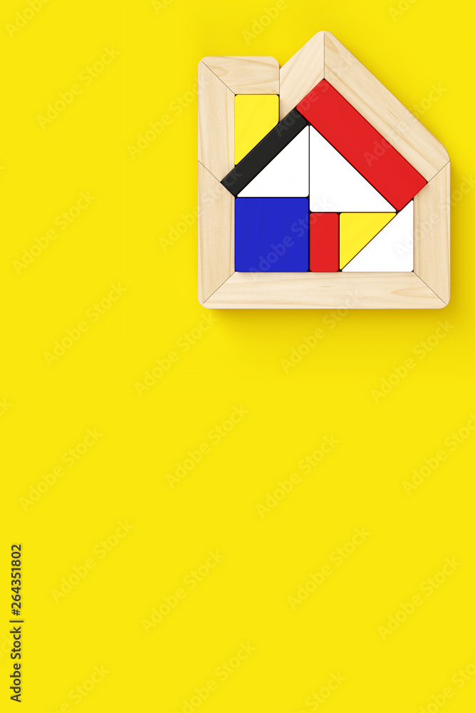 Aufkleber house-shaped puzzle placed in the upper right of vertical format. yellow background with copy space,