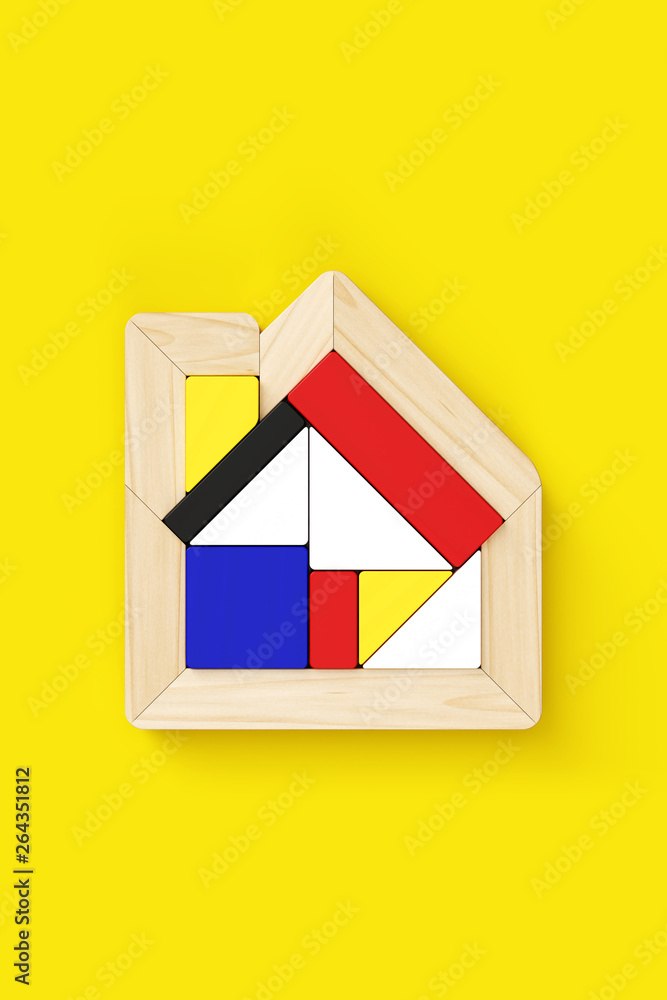 Poster house-shaped puzzle placed in the center of vertical format. yellow background with copy space, flat