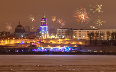 New Year's firework. City of Perm view from the other side of the Kama River.