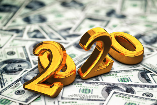 Concept of gold 2020 New Year text on maoney dollars background. 3D Render