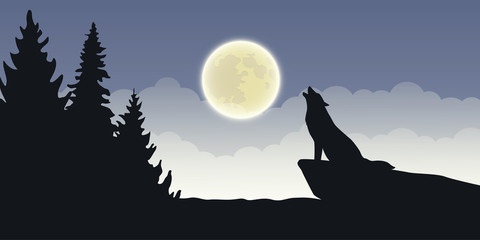 wolf howls at full moon blue mystic nature landscape vector illustration EPS10