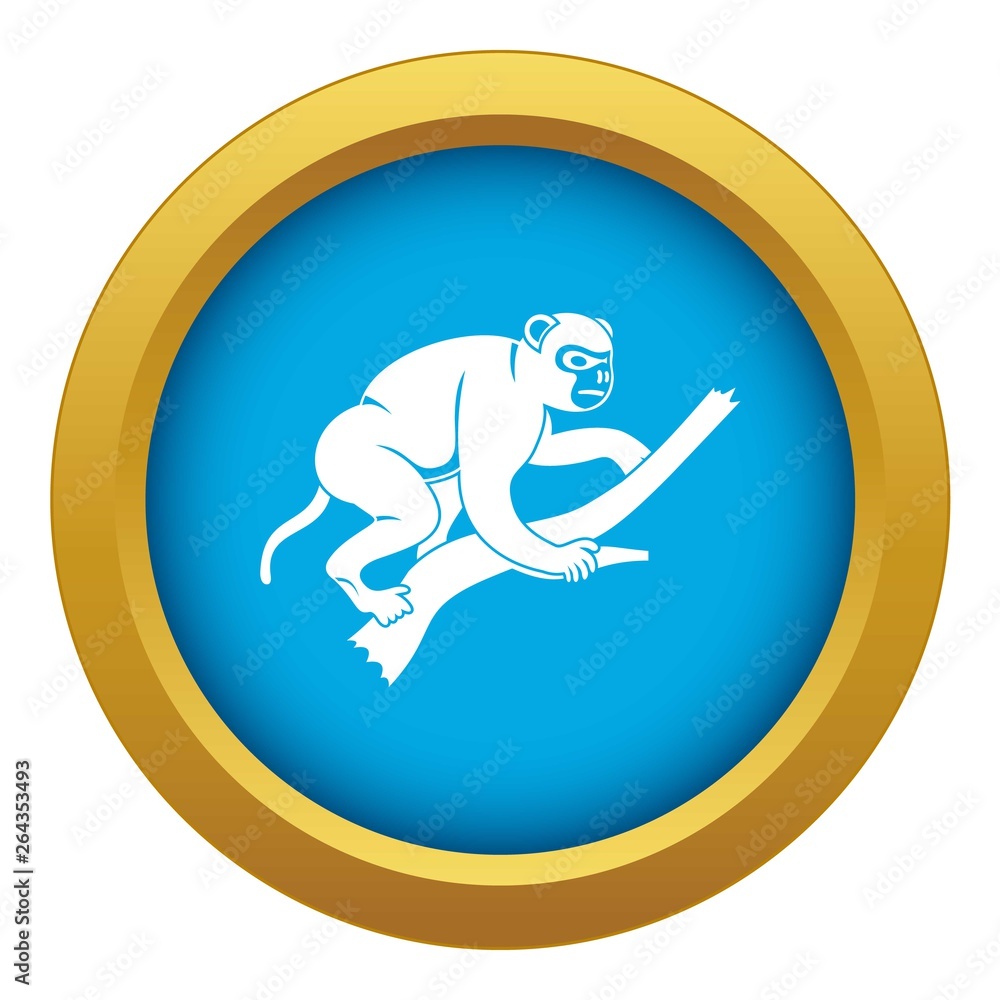 Poster monkey is climbing up on a tree icon blue vector isolated on white background for any design