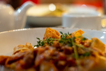 Italian cuisine, appetizing and delicious Italian pasta with meat pork beef vegetables and herbs on...