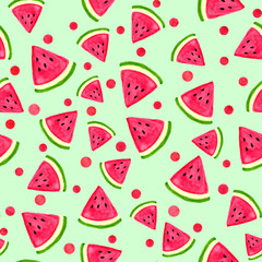 Watercolor abstract seamless pattern with dots and watermelon slices. Random texture on light green background