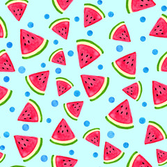 Watercolor abstract seamless pattern with dots and watermelon slices. Random texture on light blue background