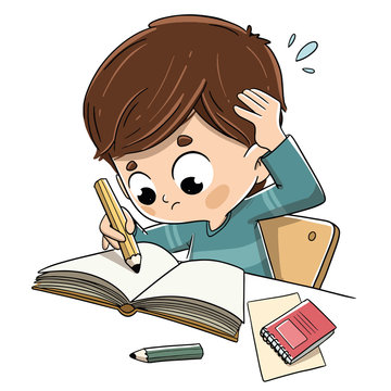 Ni&ntilde;o estudiando con estr&eacute;s y preocupado