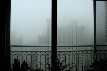 the view of apartment and Morning fog, Flowerpot Silhouette