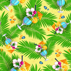 Seamless summer beach pattern with palm leaves and cocktails on yellow sand background.