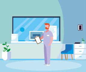 male medicine worker with uniform in hospital reception