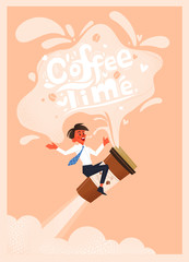 Office employee drinks coffee. Hand drawn conceptual illustration. Teamwork and shop poster.