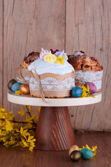Delicious pastry baking. Easter cake with filling. Quail eggs. Flowers, table, dishes.