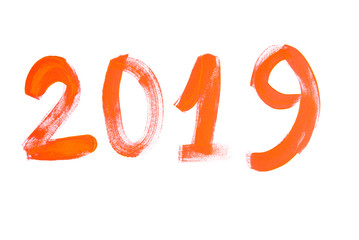 The name of the year. 2019 The inscription numeral on a white background in orange.