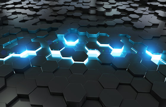 Glowing black blue hexagons background pattern on metal surface 3D rendering