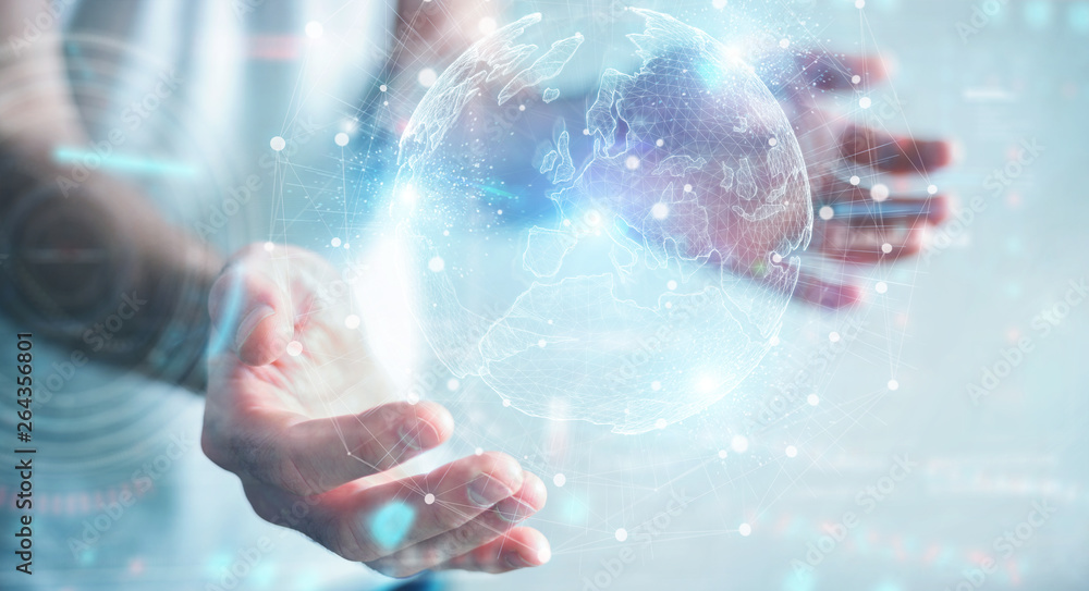 Poster businessman using europe map globe network hologram 3d rendering