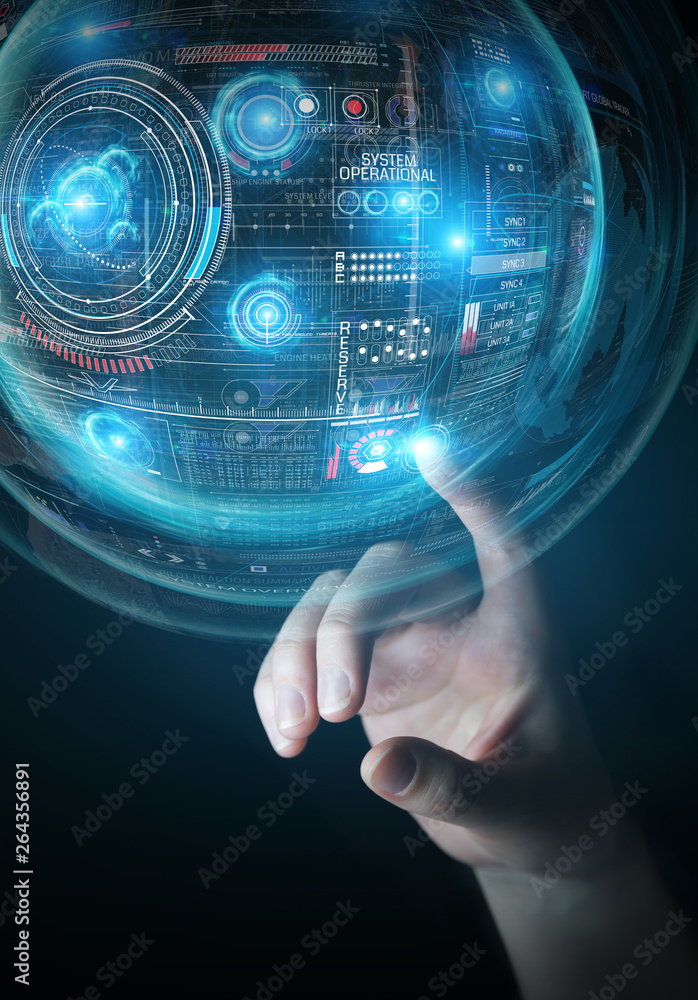Poster businessman using digital technological interface with datas 3d rendering