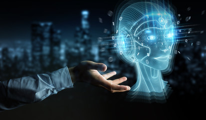 Businessman using digital artificial intelligence head interface 3D rendering