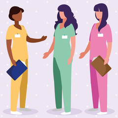 interracial female medicine workers with uniform characters