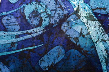 Abstraction, turquoise and violet, hot batik, background texture, handmade on silk, abstract surrealism art
